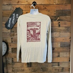 Fayettechill Men's Heather Cream Long Sleeve Mountain Waterfall Scene Tee Sz L